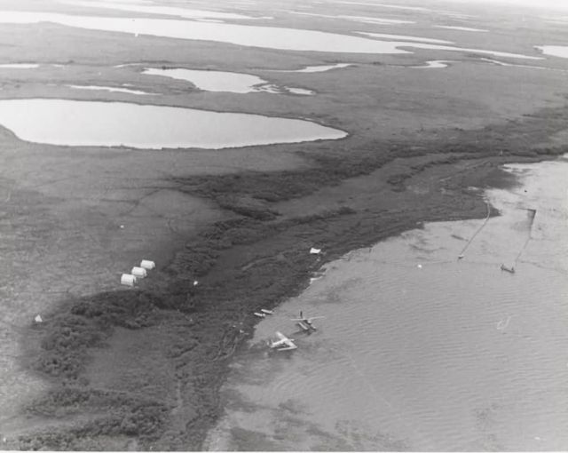 Aerial View of Camp near River and Wetlands Picture
