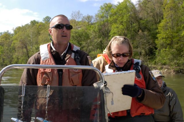 WOE106 FWS employees checking location for atlantic sturgeon spawning activity Picture