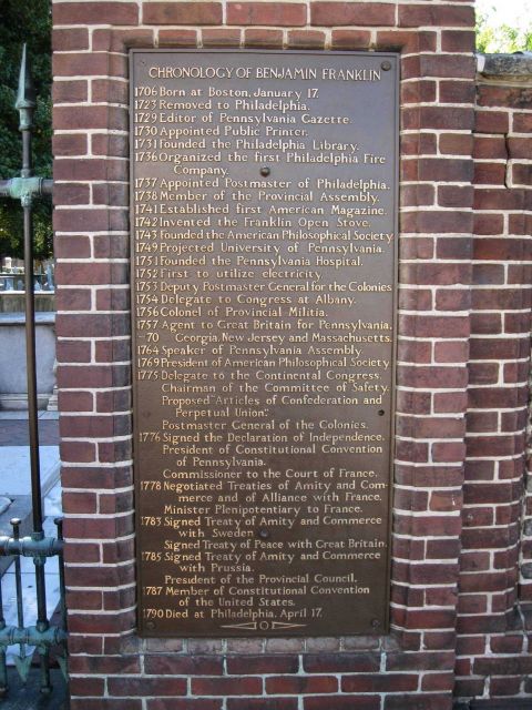 Plaque commemorating Benjamin Franklin at cemetery at Independence National Historic Park Picture