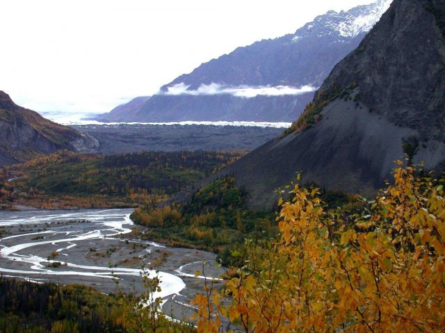 Looking towards a glacier with its braided outwash stream below. Picture