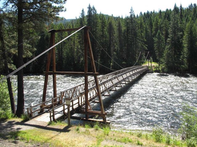 The Mocus Point suspension foot bridge into the Clearwater National Forest. Picture