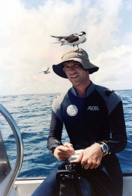 Fisheries Biologist Frank Parrish gains a friend, a Sooty Tern (Onychoprion fuscata) while preparing to do a reef fish survey dive. Picture