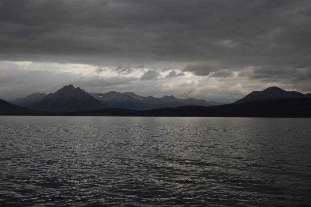 Mountains, clouds, and sunlight in the Strait of Magellan. Picture