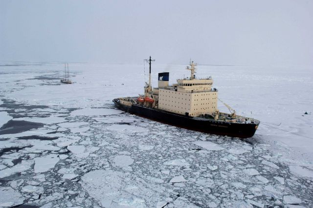 The KAPITAN DRANITSYN moored in the ice near the French sailing vessel TARA which will intentionally be frozen in the ice for two years to study Arcti Picture