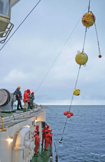 Recovering a deepsea mooring system that had been recording changes in temperature, conductivity, and other characteristics of Arctic Ocean waters dur Picture