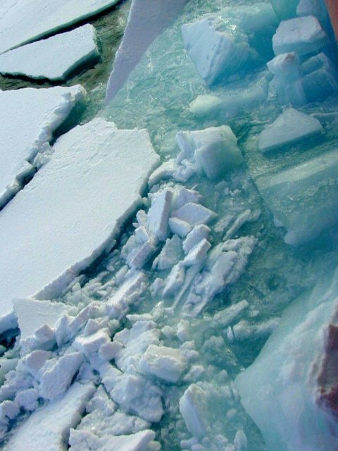 Broken Arctic sea ice in the wake of the US Coast Guard ice breaker HEALY during scientific studies in the Chukchi Sea. Picture