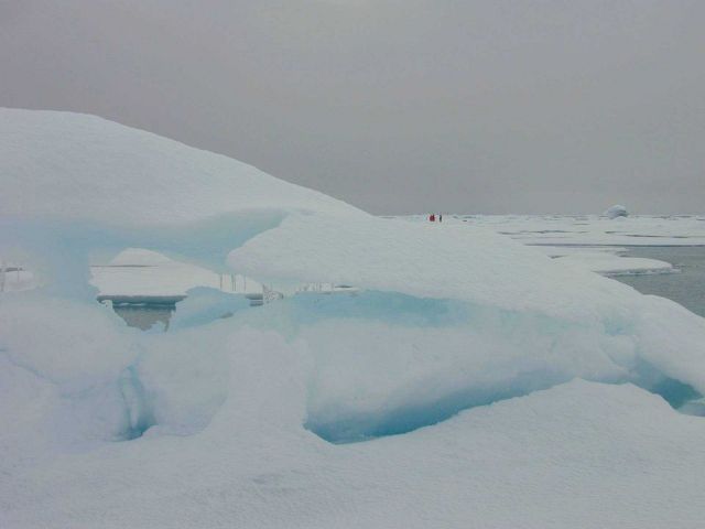 Ice bergs, ice floes and scientists on the ice in the Chukchi Sea. Picture