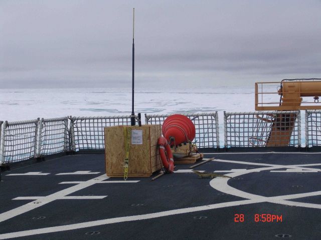 Ice buoy stored on the CGC HEALY helicopter platform. Picture
