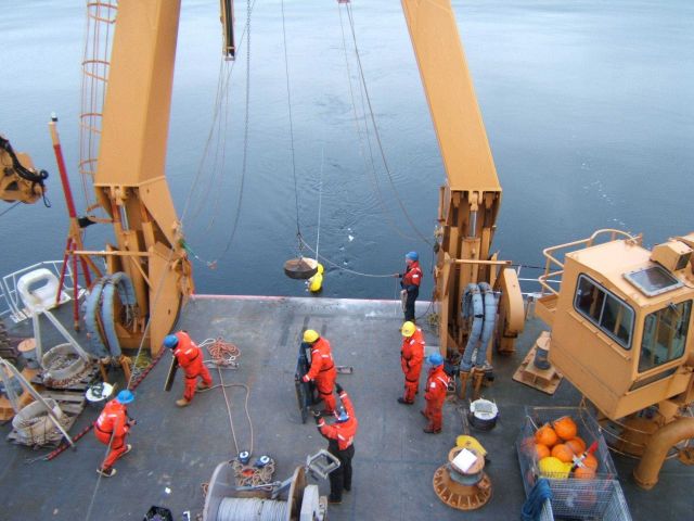 Deploying instrument package from stern of USCGC HEALY Picture