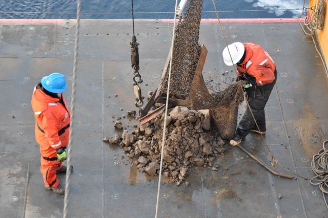 Rocks and mud brought from the bottom by the chain dredge. Picture