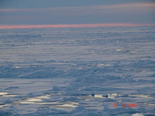 Refreezing of floes and melt ponds is well under way. Picture