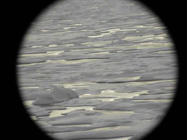 Melt pools and hummocky ice seen through a porthole on a grey day. Picture