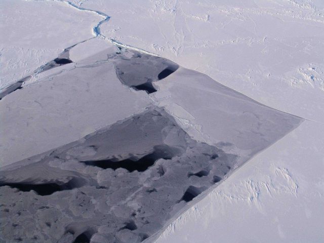 Remarkable rectangular break in pack ice with young ice formed in rectangle. Picture