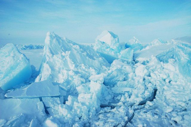 A mass of huge blocks of ice forming a pressure ridge. Picture