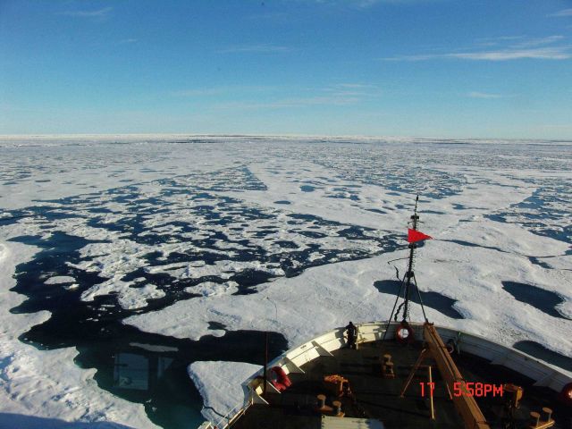 The random geometry of Arctic ice with interlocking newer thinner ice which melts quicker, older thicker ice with elliptical melt ponds, and leads see Picture