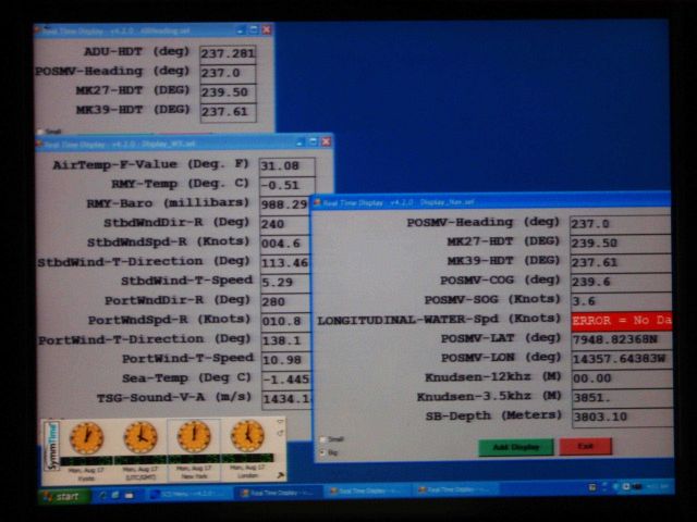 Sensor display on the bridge of the CGC HEALY showing position as 79 49 N , 143 58 W. Picture