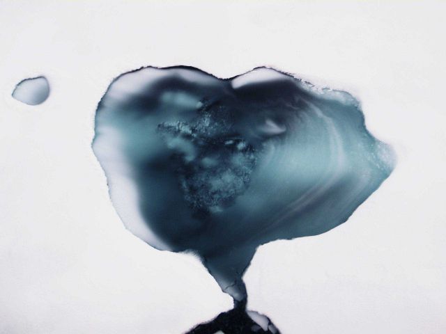 A mirror-like surface on a melt pond with inclusions of brash ice. Picture