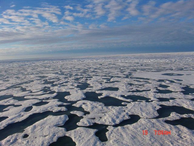 2nd year to multi-year hummocky ice with melt pond and ridges seemingly converging towards horizon. Picture
