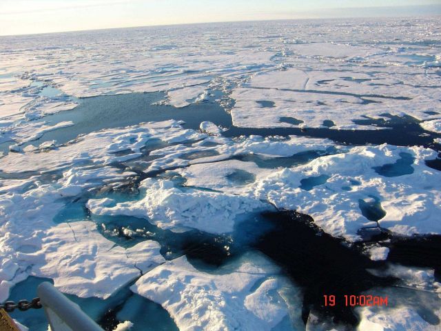 Multi-year ice with a hummocky surface and melt ponds next to an aread of thinner newer ice witha smoother appearance. Picture