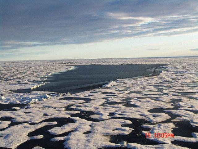 An area of hummocky 2nd year to multi-year ice with melt ponds with a small polynya. Picture