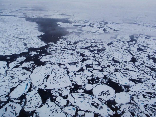 Helicopter eye view of ice floes, melt ponds, areas of brash ice, and other phenomena. Picture