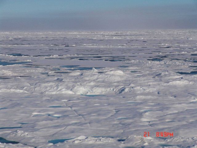 Hummocky multi-year ice interspersed with newer flatter appearing ice. Picture