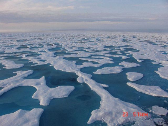Aquamarine melt ponds in multi-year ice. Picture