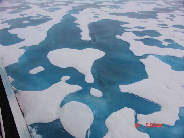Aquamarine melt ponds in multi-year ice. Picture