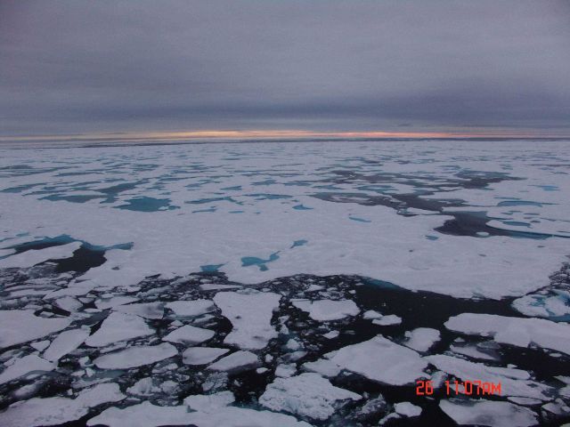 Small first- to second-year adjacent to area of multi-year floes with aquamarine melt ponds. Picture