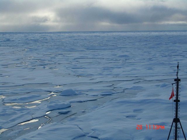 Refreezing melt ponds in multi-year ice. Picture
