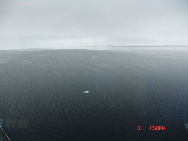A large area of open water with areas of frazil ice giving patchy oily appearance to water surface. Picture