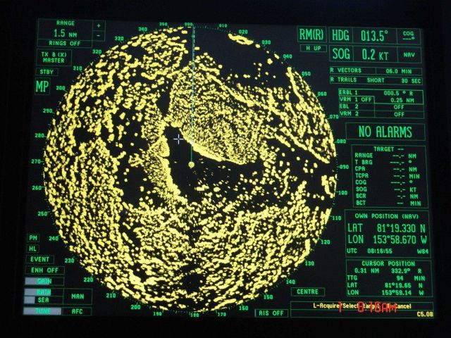 80 to 90 percent ice cover is shown on the radarscope of the CGC HEALY Picture