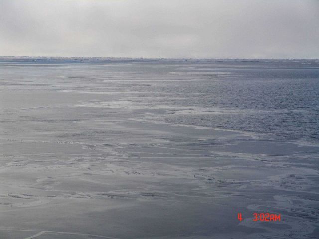 Nilas ice with open water and frazil ice to the right Picture