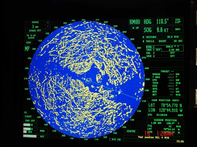 The CGC HEALY in a large lead opening to a polynya as seen on the radarscope Picture