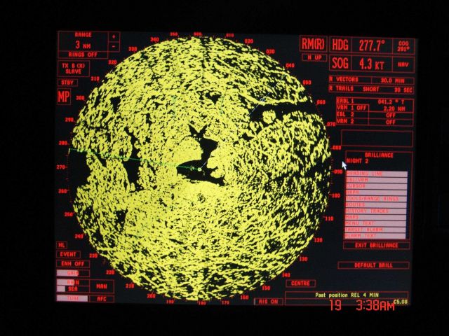 Over 90 % ice cover is seen on the radar display of the Canadian Coast Guard Icebreaker LOUIS S Picture