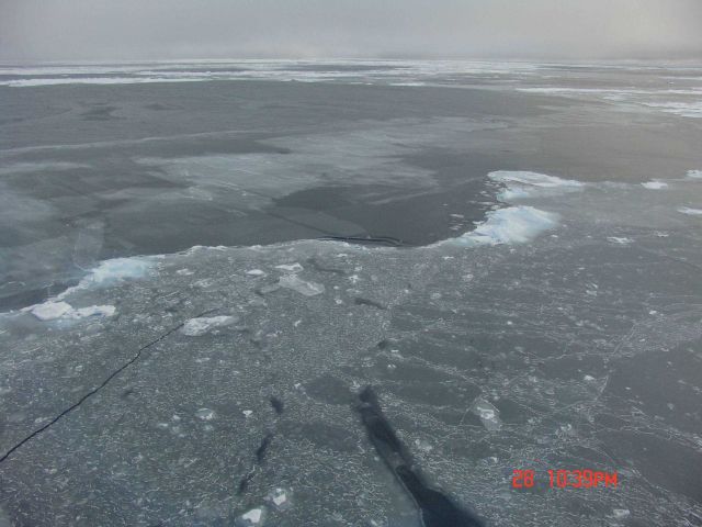Pancakes frozen together in bottom half of image, some frazil ice, and interlocking fingers of nilas ice. Picture