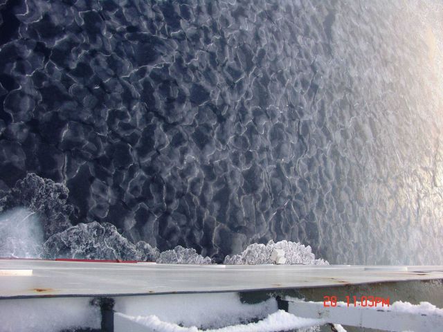 Interlocking pancake ice which with further freezing and jostling will form larger floes. Picture