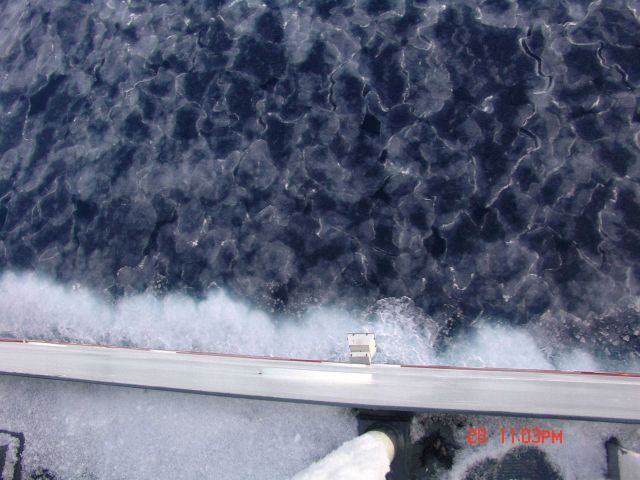Interlocking pancake ice which with further freezing and jostling will form larger floes. Picture