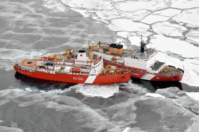 USCG icebreaker HEALY in relatively smooth first-year ice floes and nilas ice alongside the Canadian Coast Guard icebreaker LOUIS S Picture