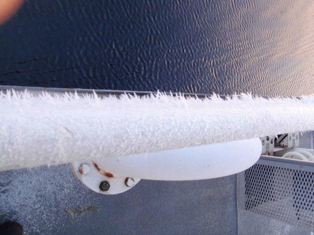 Rime ice on railing. Picture