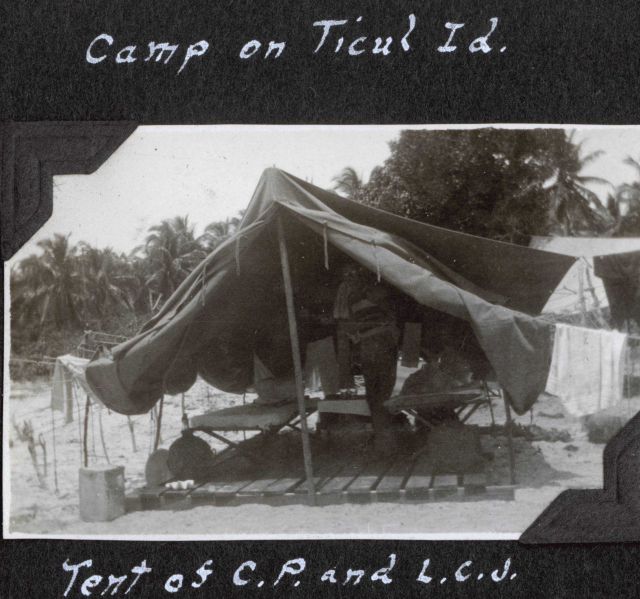 Camp on Ticul Island - the tent of Charles Pierce and Leonard Johnson. Picture