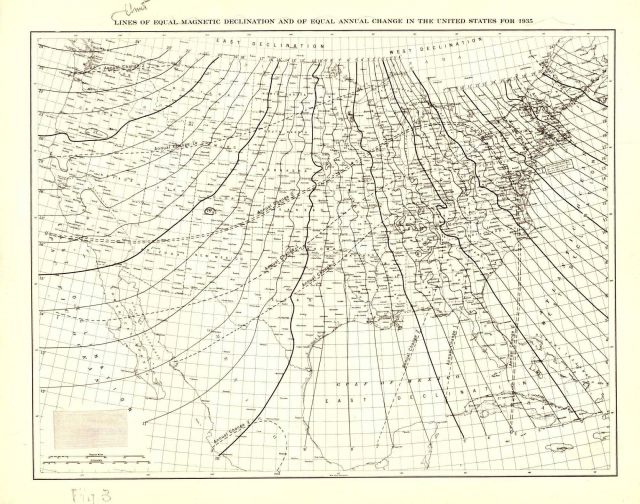 Lines of equal magnetic declination and equal annual change for 1935. Picture