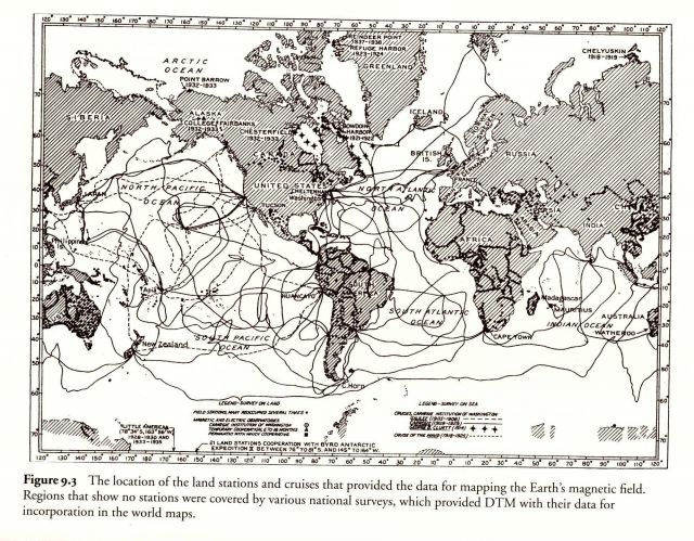 Chart showing location of land stations and cruises used in mapping the Earth's magnetic field. Picture