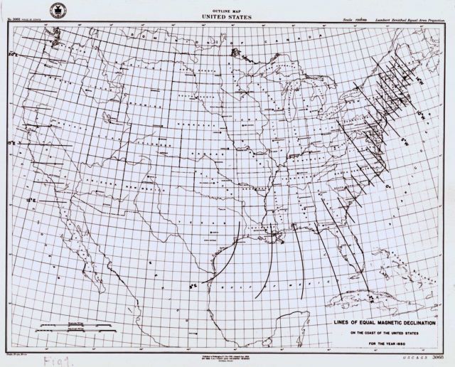 Map showing lines of equal magnetic declination as determined by the Coast Survey in 1850. Picture