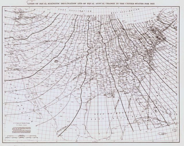 Map showing lines of equal magnetic declination and of equal annual change as determined by the Coast and Geodetic Survey in 1935. Picture