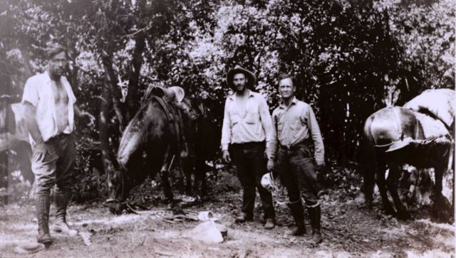 Silk Hat Harry Quinlavin (without his hat), Cowboy Roy Bixby, and Lieutenant William Tucker in Big Sur country. Picture