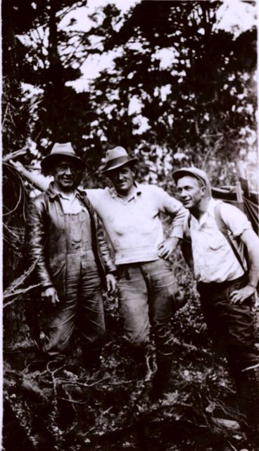 L to R Jack Marx, Oscar Risvold, and Silk Hat Harry Quinlavin in Big Sur country . Picture