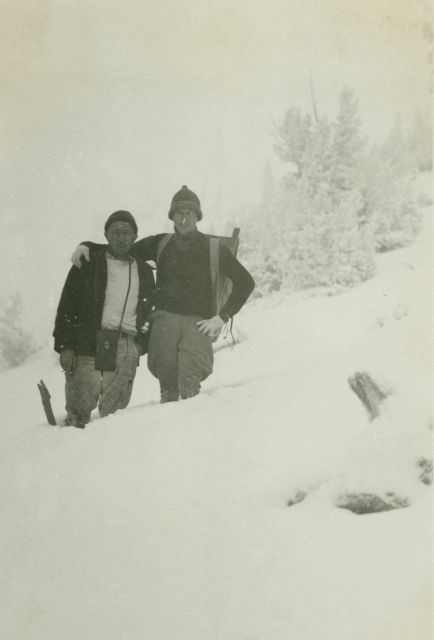 Silk Hat Harry Quinlavin and Floyd Risvold at about 9000 feet heading into the high Sierra to recover a signal lamp left at station Mt Picture