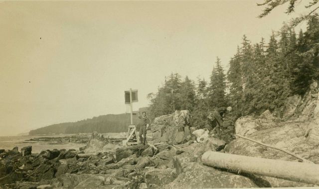 Signal building for triangulation work on the Alaska coast. Picture