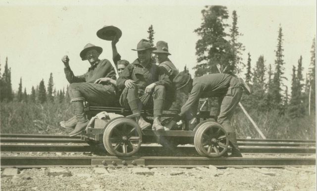 Members of triangulation crew of William Scaife in the interior of Alaska on a velocipede between Anchorage and Fairbanks. Picture